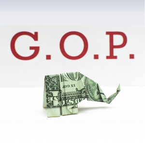 A one dollar bill folded in the shape of an elephant under the heading GOP, signifying a new GOP bill
