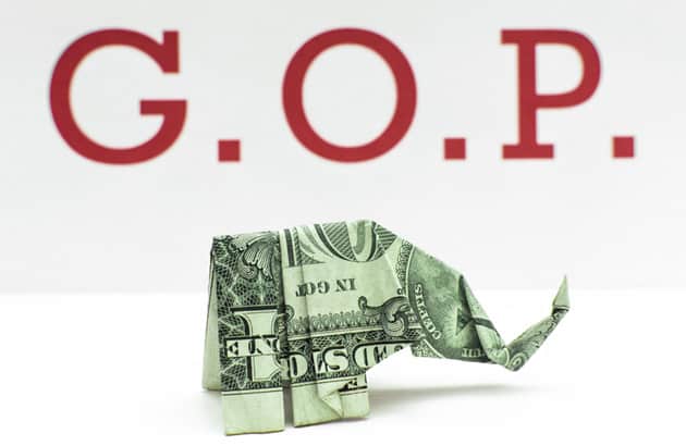 A one dollar bill folded in the shape of an elephant under the heading GOP, signifying a new GOP bill