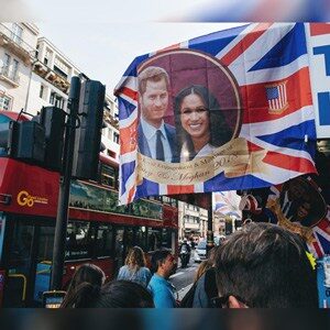 A flag showcasing the wedding of Prince Harry and Meghan Markle