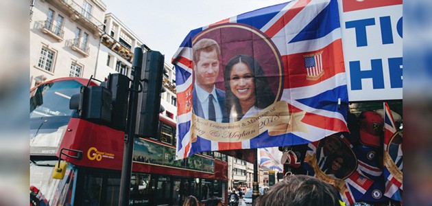 A flag showcasing the wedding of Prince Harry and Meghan Markle