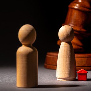 A wooden gavel, 2 wooden pieces representing people, and a red house indicating how to divide a business in high net worth divorce
