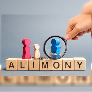 Alimony spelled out in blocks with a man woman and child on top of it