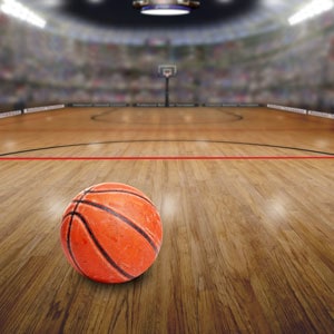 A basketball in a basketball court