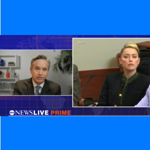 Celebrity lawyer Chris Melcher on ABC News alongside an image of Amber Heard in court