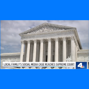 Courthouse building with "local family's social media case reaches supreme court" lower thirds graphics with NBC logo