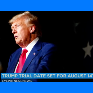 Donald Trump on ABC News with a title stating his trial starts August 14th