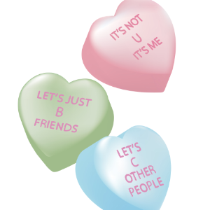 Three Candy Hearts with Breakup Messages