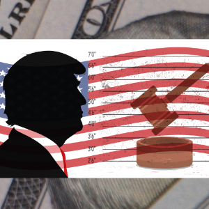 Graphic of a Silhouette of Donald Trump Against the background of the US Flag and money