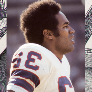 Photo of Buffalo Bills Running Back OJ Simpson #32 with money in the background layer