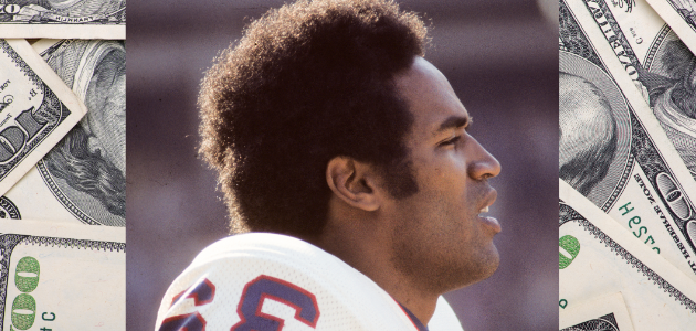 Photo of Buffalo Bills Running Back OJ Simpson #32 with money in the background layer