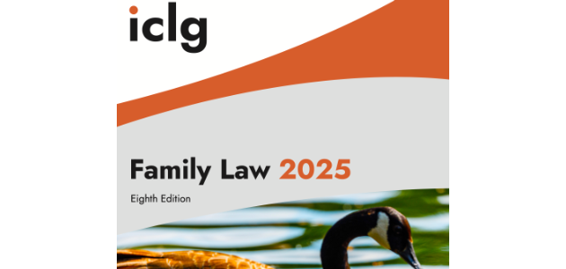 Cover of iclg Family Law 2025 8th Edition with a Mom duck and baby duck swimming in the water