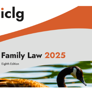 Cover of iclg Family Law 2025 8th Edition with a Mom duck and baby duck swimming in the water