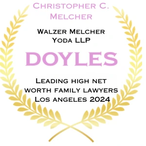 Award graphic with laurel leaves that says Christopher C. Melcher of Walzer Melcher Yoda LLP is Named a Leading High Net Worth Family Lawyer 2024 in Los Angeles by Doyles Guide