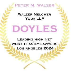 Award graphic with laurel leaves that says Peter M. Walzer of Walzer Melcher Yoda LLP is Named a Leading High Net Worth Family Lawyer 2024 in Los Angeles by Doyles Guide