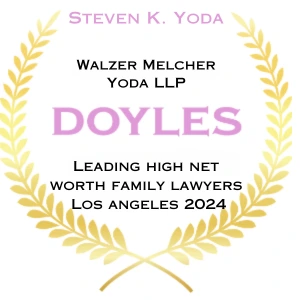 Award graphic with laurel leaves that says Steven K. Yoda of Walzer Melcher Yoda LLP is Named a Leading High Net Worth Family Lawyer 2024 in Los Angeles by Doyles Guide