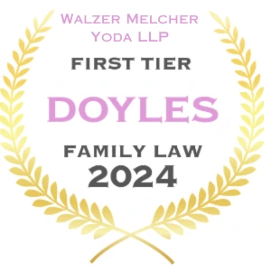 Award graphic with laurel leaves that says Walzer Melcher Yoda LLP is a First Tier leading family law firm in Doyles Family Law Guide 2024