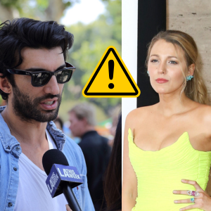 Justin Baldoni in 2017 at Rocket's Universe playground in North Hollywood. Blake Lively in 2017 at The American Ballet Theatre in New York City. A danger sign graphic is in the middle of their two images.