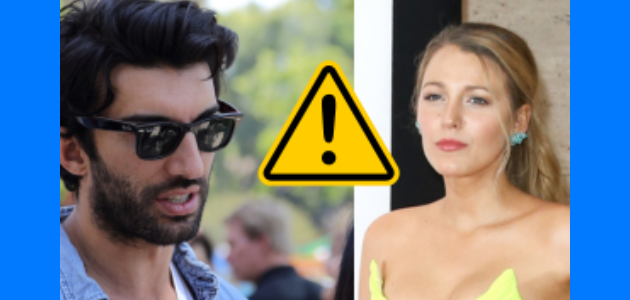 Justin Baldoni in 2017 at Rocket's Universe playground in North Hollywood. Blake Lively in 2017 at The American Ballet Theatre in New York City. A danger sign graphic is in the middle of their two images. A blue background is behind all images.