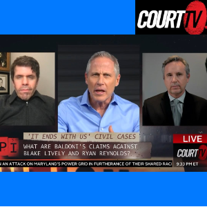 Perez Hilton, Vinnie Politan, & Christopher C. Melcher on Court TV with the VPI & Court TV Live graphics and What Are Baldoni's Claims Against Blake Lively & Ryan Reynolds Graphic across the bottom of the screen