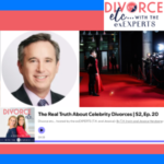 Celebrity lawyer & legal analyst Christopher C. Melcher appears on Divorce etc.Podcast with the ex Experts hosts T.H. Irwin & Jessica Herzberg, alongside a photo of a famous couple getting photographed on a red carpet event