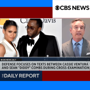 Celebrity lawyer & legal analyst Christopher C. Melcher appears on CBS News alongside photos of Cassie Ventura & Sean Combs (aka P. Diddy)