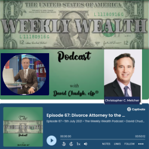 Celebrity lawyer & legal analyst Christopher C. Melcher appears on The Weekly Wealth Podcast with the host David Chudyk, alongside 2 photos Chris Melcher