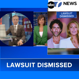 Celebrity lawyer & legal analyst Christopher C. Melcher appears on ABC7 News alongside photos of a reporter, Justin Baldoni & Blake Lively