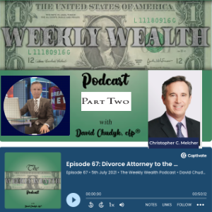Celebrity lawyer & legal analyst Christopher C. Melcher appears on The Weekly Wealth Podcast with the host David Chudyk, alongside 2 photos Chris Melcher