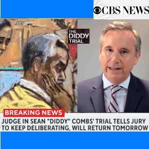 Celebrity lawyer & legal analyst Christopher C. Melcher appears on CBS News alongside a courtroom sketch created by Jane Rosenberg of Diddy with his head resting on his hand