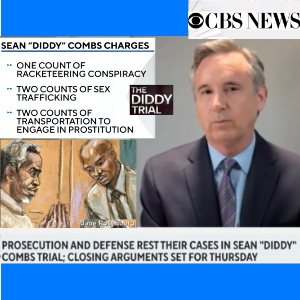 Celebrity lawyer & legal analyst Christopher C. Melcher appears on CBS News alongside a courtroom sketch created by Jane Rosenberg of Diddy and his lawyer