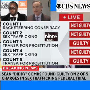 Celebrity lawyer & legal analyst Christopher C. Melcher appears on CBS News alongside a photo of Sean "Diddy" Combs and graphics of the 5 counts he was tried for