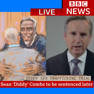 Court Sketch of Felon Sean Diddy Combs and Photo of Celebrity Lawyer & legal analyst Christopher C. Melcher on BBC News