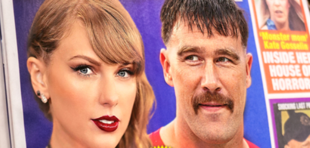 Taylor Swift and Travis Kelce - celebrity power couple featured on cover of National Enquirer.
