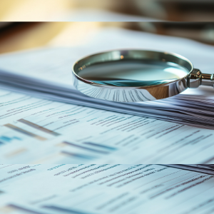 Financial records and documents reviewed for tracing and asset characterization in a complex family law case with a magnifying glass
