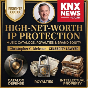 Graphic for KNX News Insights Series featuring celebrity lawyer Christopher C. Melcher on High-Net-Worth IP Protection, Music Catalogs, Royalties, and Intellectual Property.