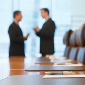 2 business men negotiating in a conference room with chairs, a large conference table, pens and paper
