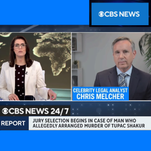 Celebrity legal analyst Chris Melcher discussing Tupac Shakur murder trial on CBS News